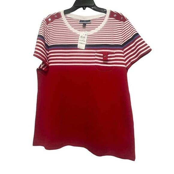 Karen Scott Lady Stripe Colorblocked Top, New Red Amore, XL - Picture 2 of 5
